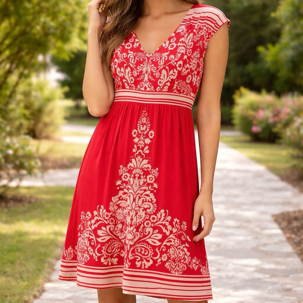 Madison Red and Cream Floral V-Neck Cap Sleeve Fit-and-Flare Dress